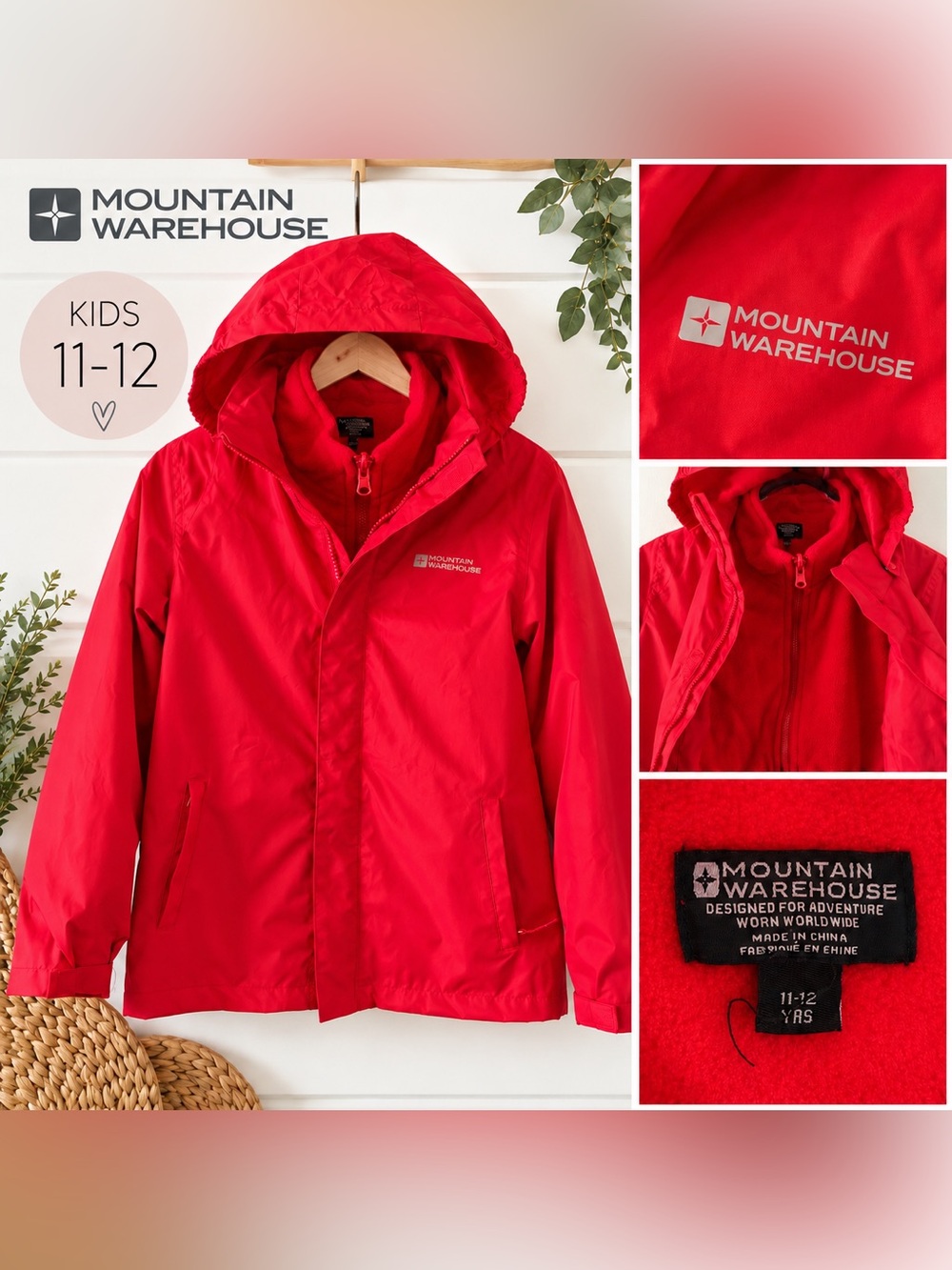 Kids' 3 in 1 Waterproof Rain Jacket with Fleece Liner Size 11/12